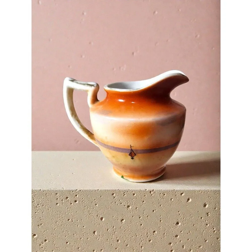 Vintage Japanese Lusterware Creamer Pitcher Art Deco Orange Windmill Scenic 1930